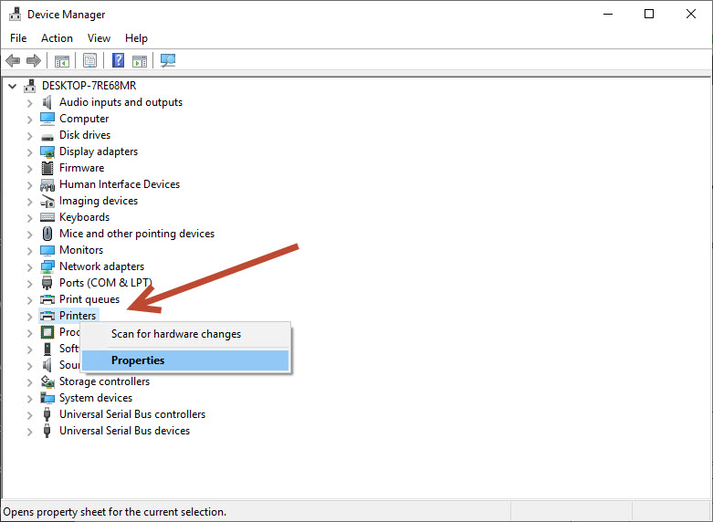 Printer properties in Device Manager