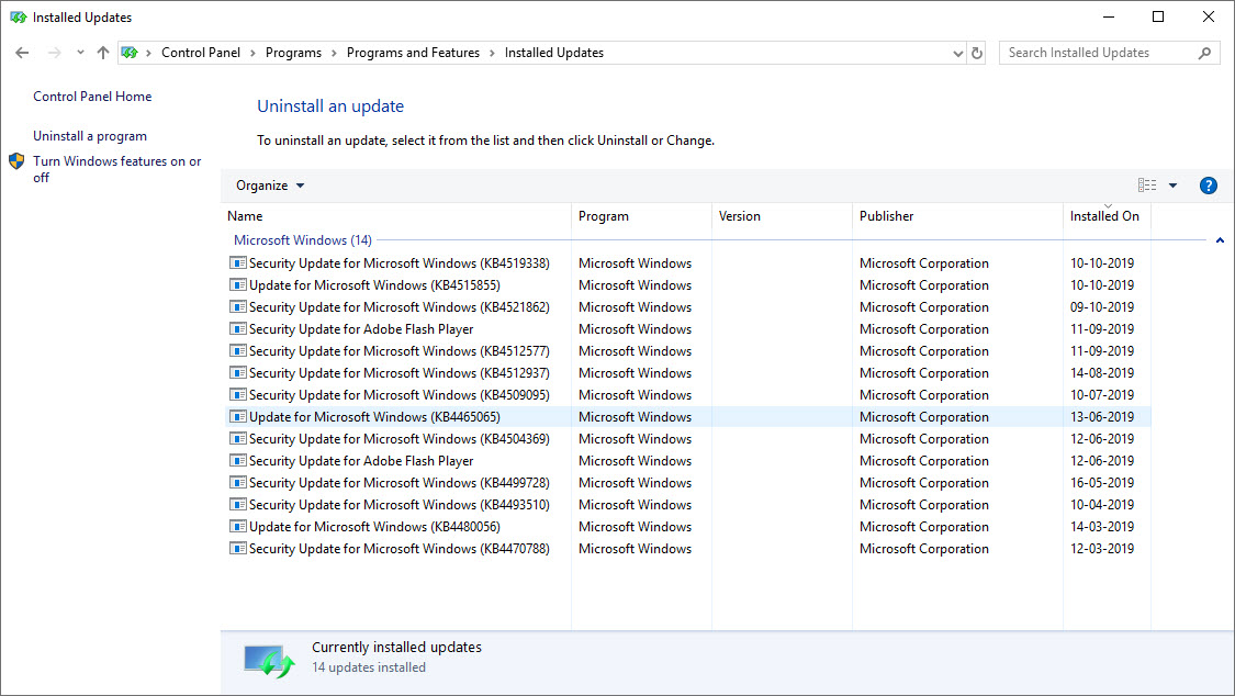 Recently installed updates