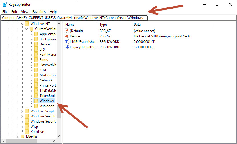 Registry Editor path opening Windows folder