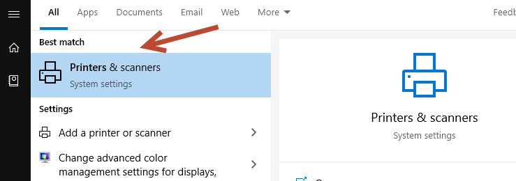 Searching for Printers and Scanners in Windows search