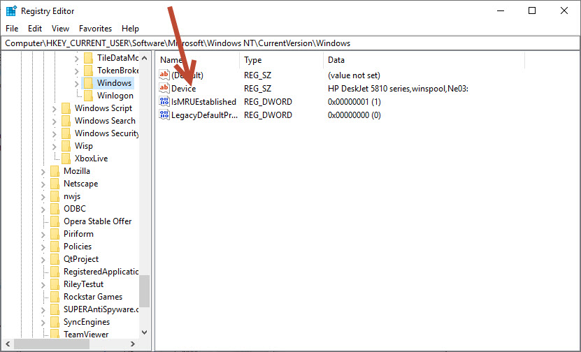Seting default printer in registry editor