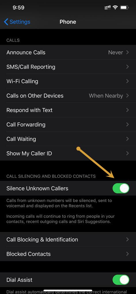 Silencing unknown callers from iPhone phone settings