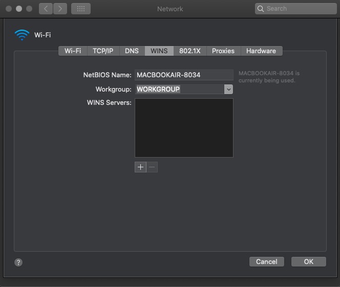 WINS Workgroup settings