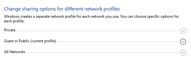 clicking current profile window in Change advanced sharing settings