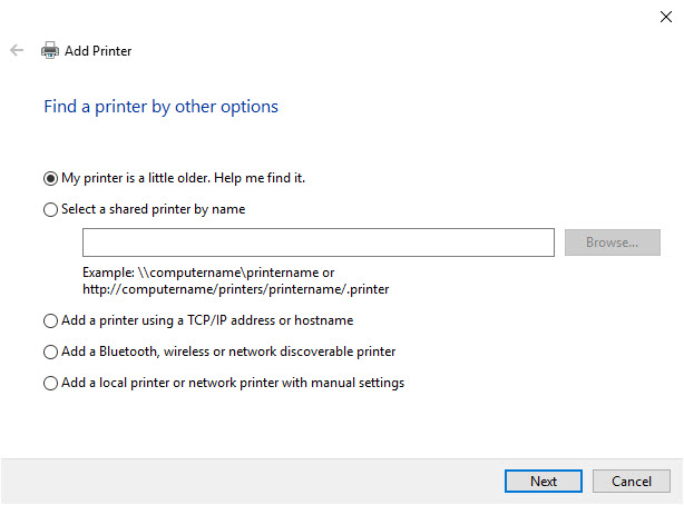 find a printer by other options
