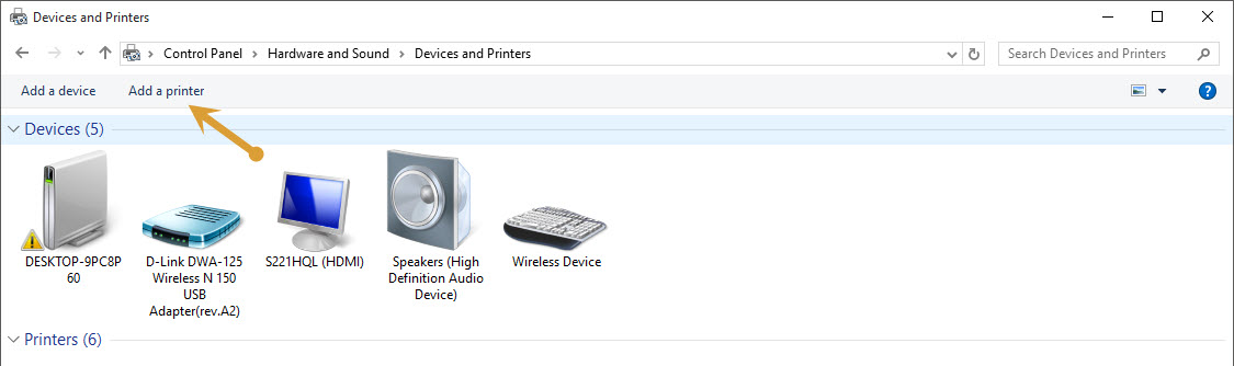 Add a printer option in Control Panel
