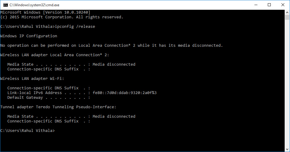 Executing commands to reset TCP IP