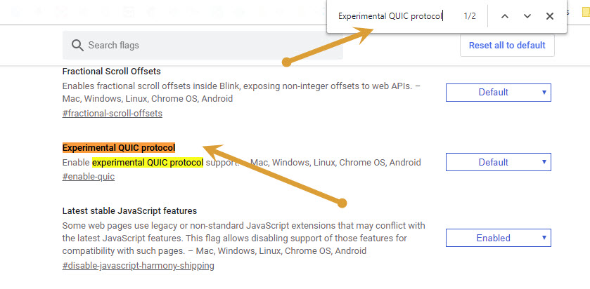 Experimental QUIC protocol flag in Chrome Flags