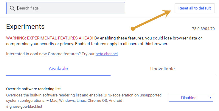 Reset all to default in Chrome Flags window