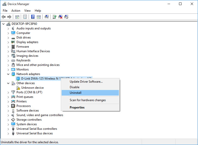 Uninstalling Network Adapter