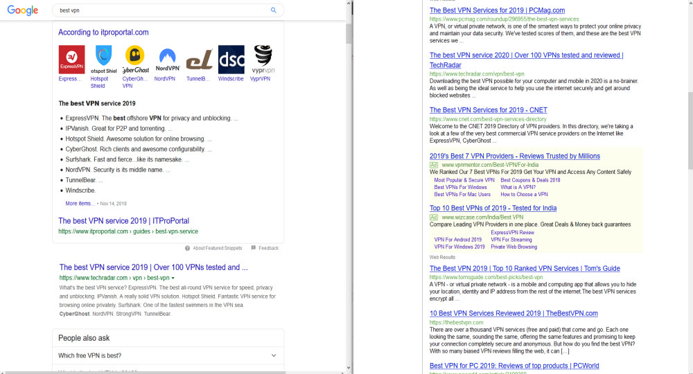 Best VPN keyword results in Google and Dogpile