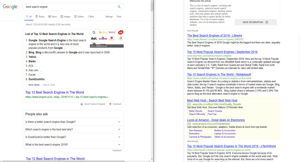 Best search engine keyword results on Google and Dogpile