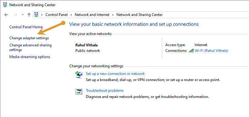 Change adapter settings in Network and Sharing