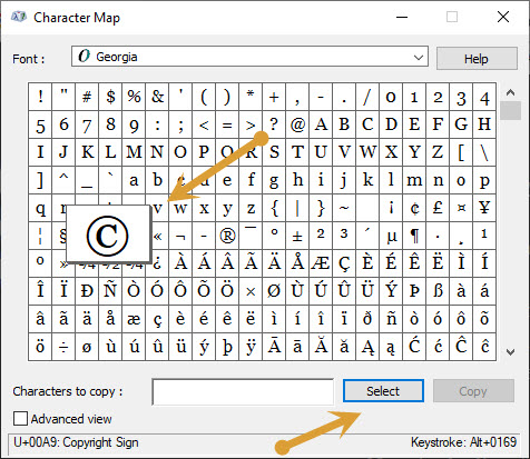 Character Map selection
