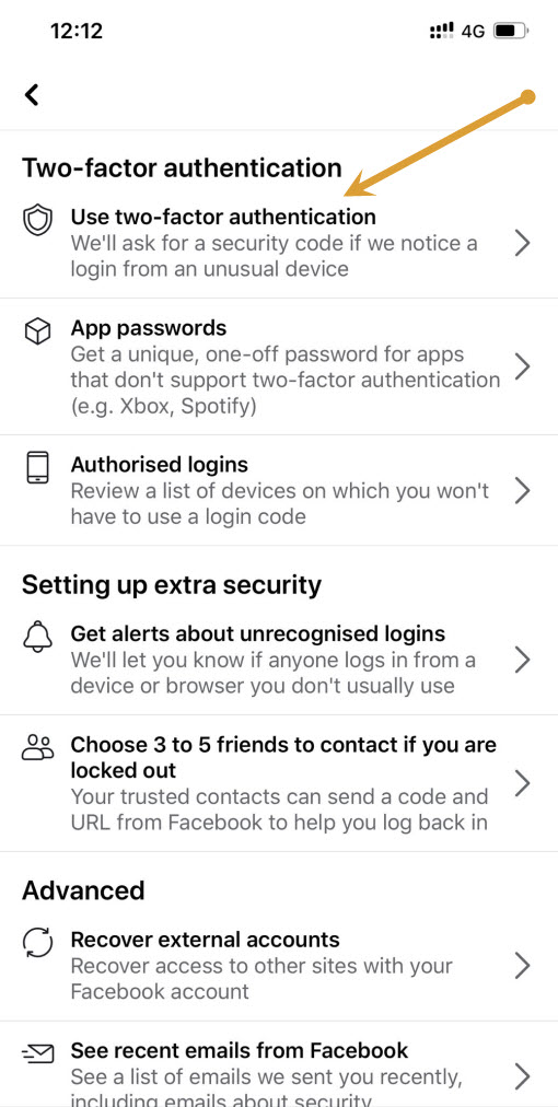 Facebook two-factor authentication on iOS