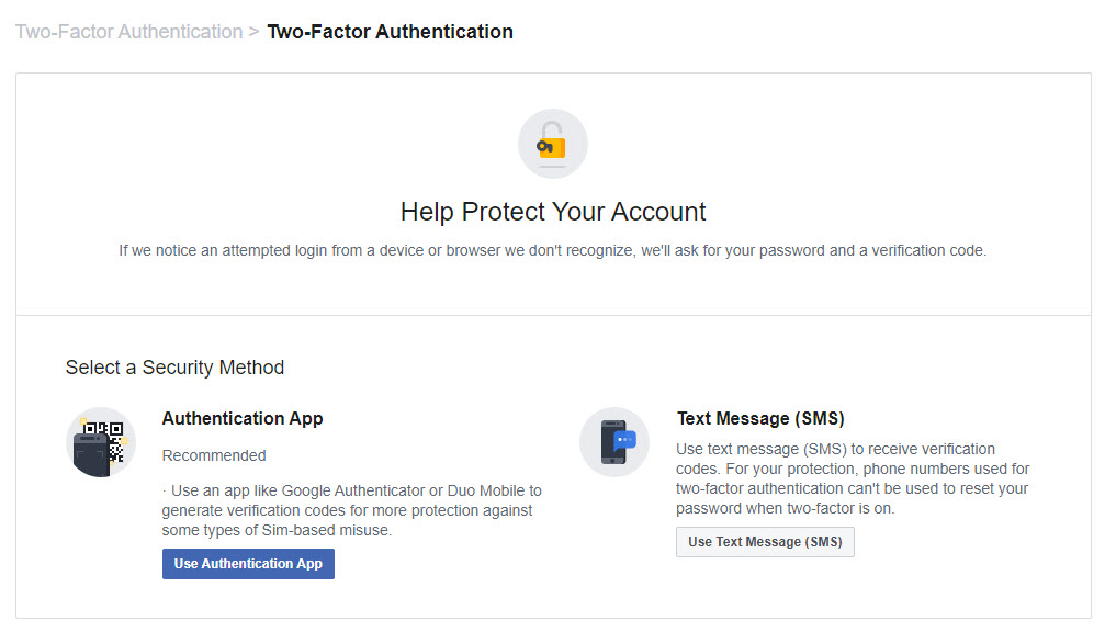 Facebook two-factor authentication