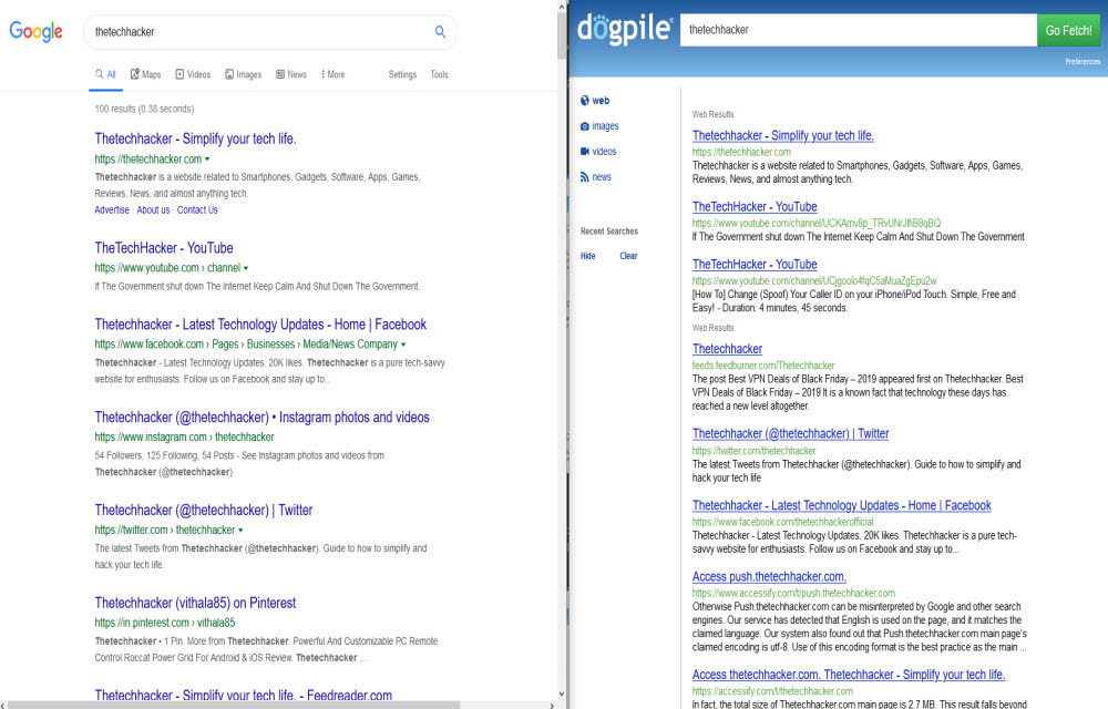 Google and Dogpile search results comparison for thetechhacker