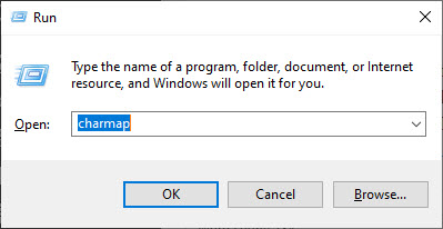 charmap typing in run command