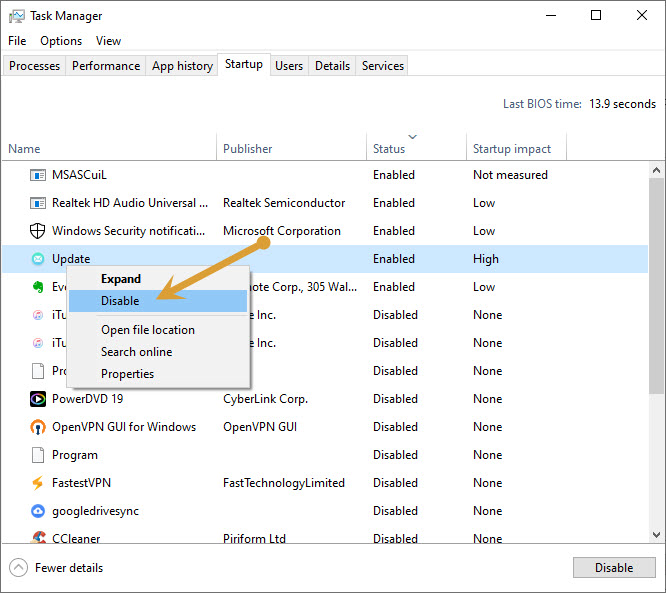 Disabling startup programs