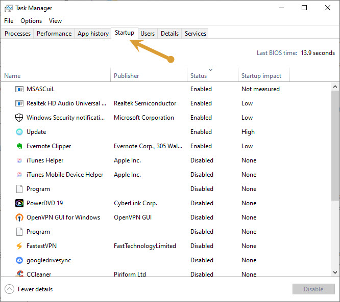 Startup Tab in Task Manager