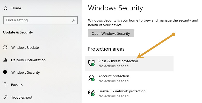 Virus and Threats protection in Windows Defender