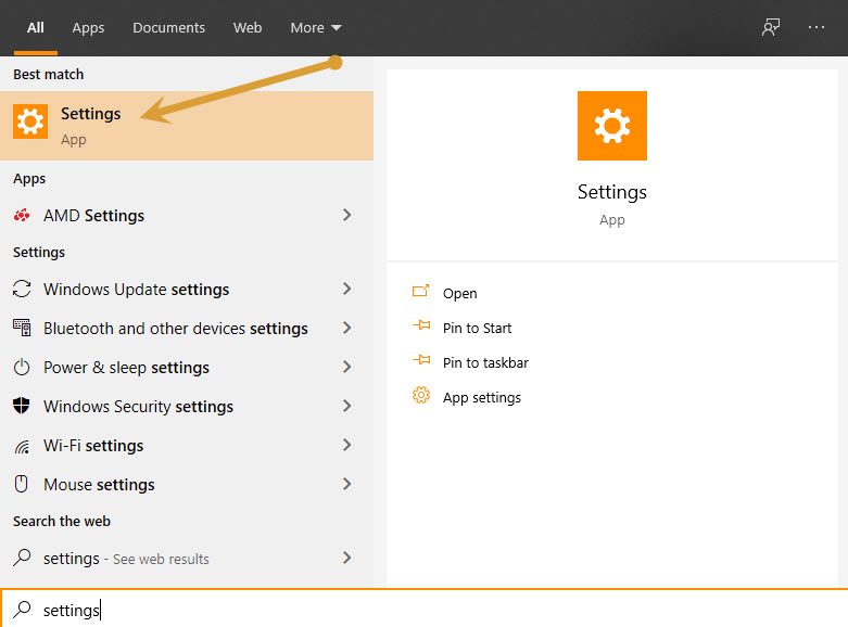 Settings in start menu