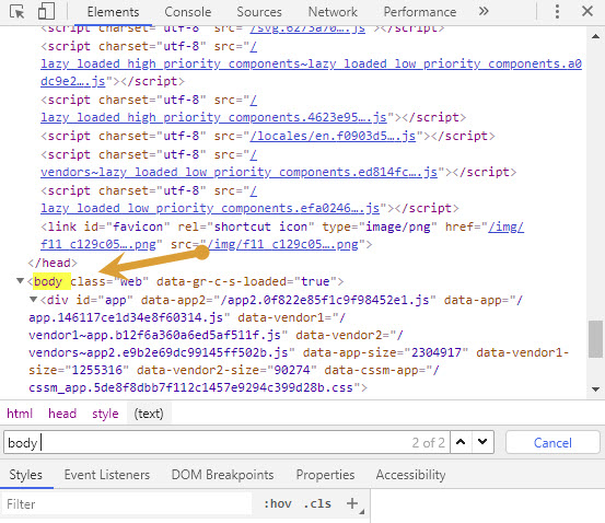 Body class settings in browser