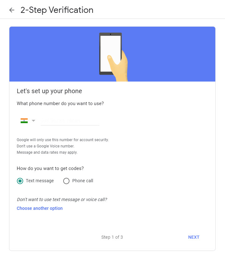 Entering phone number in 2-factor authentication page