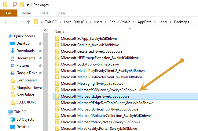 Microsoft Edge folder in packages