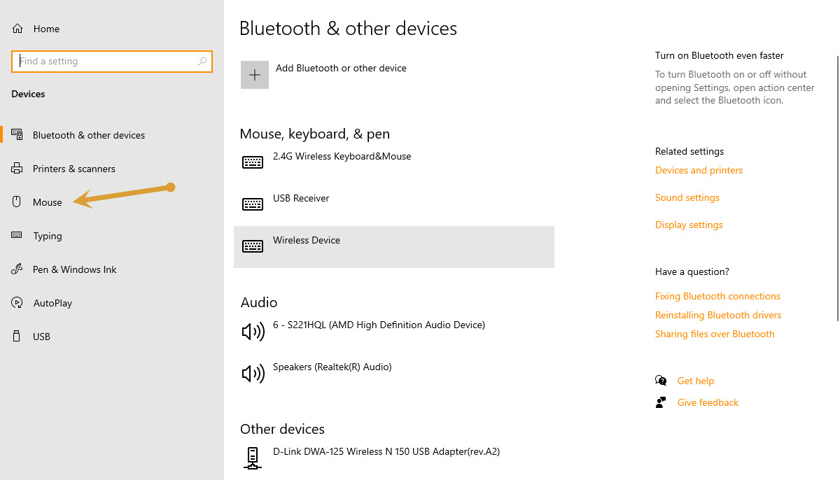 Mouse options in settings