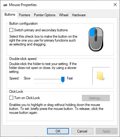 Mouse properties-double click speed settings