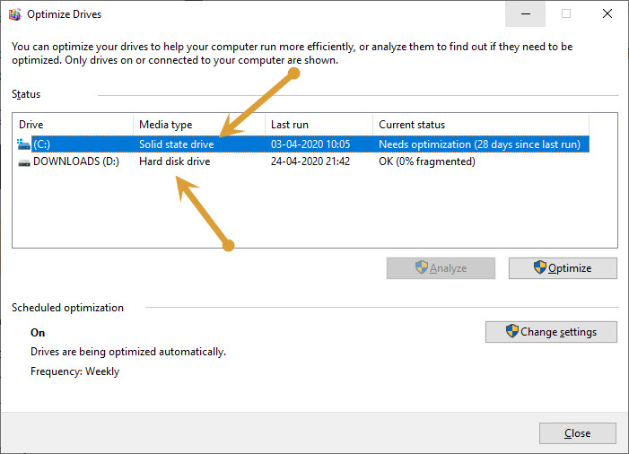 Optimize Drives window showing type of hard disks installed on system