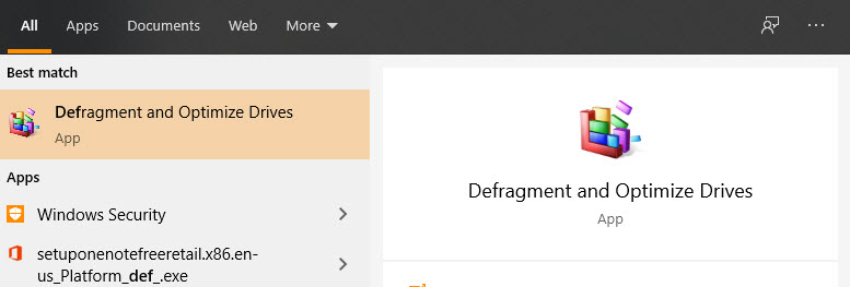 Searching Defragment in Windows Start Menu