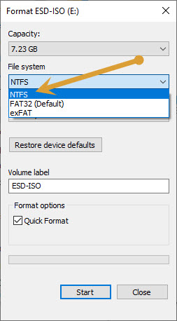 Slection of NTFS in format menu