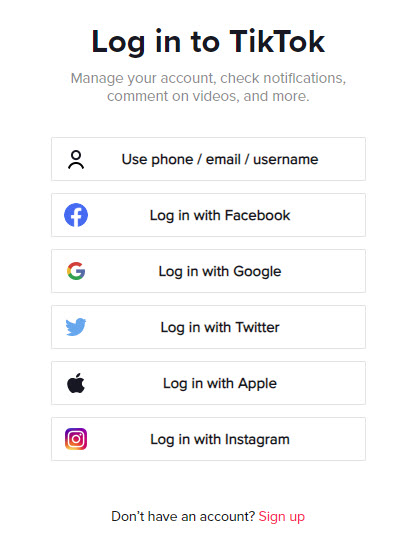 TikTok login options
