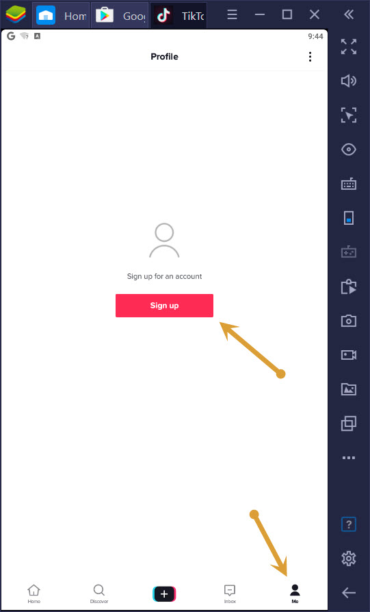 TkiTok Sign-up or Sign-in option in Blustack emulator