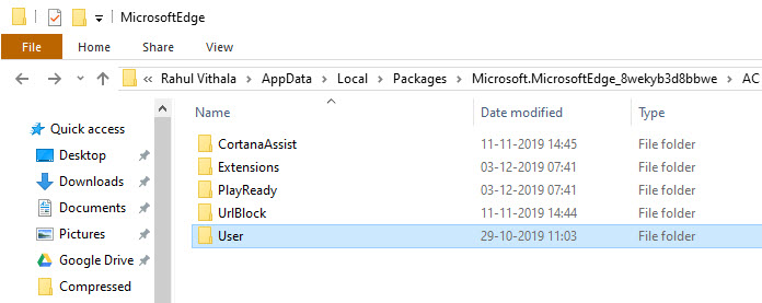 User folder of Microsoft Edge