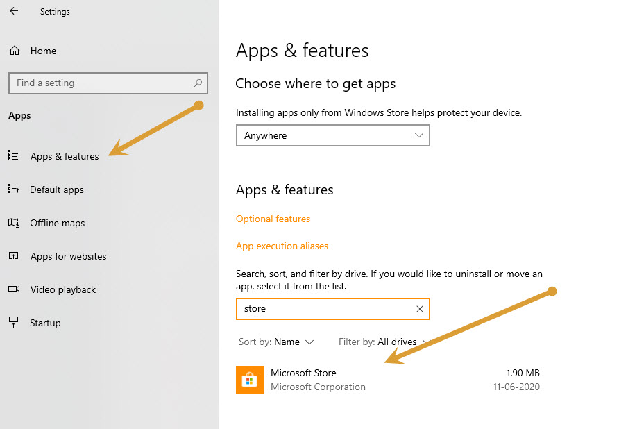 Apps and Features - Microsoft store