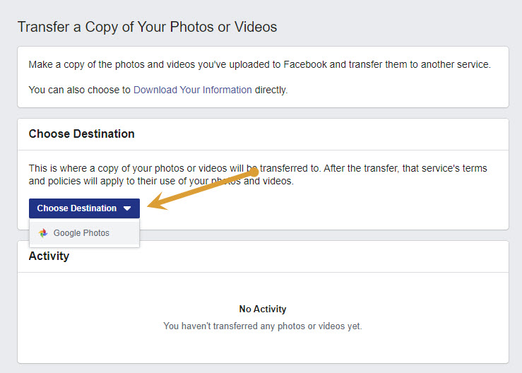 Choose Destination and select Google Photo