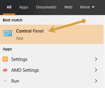 Control Panel in Windows start search
