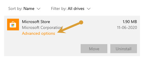 Microsoft Store Advanced Options