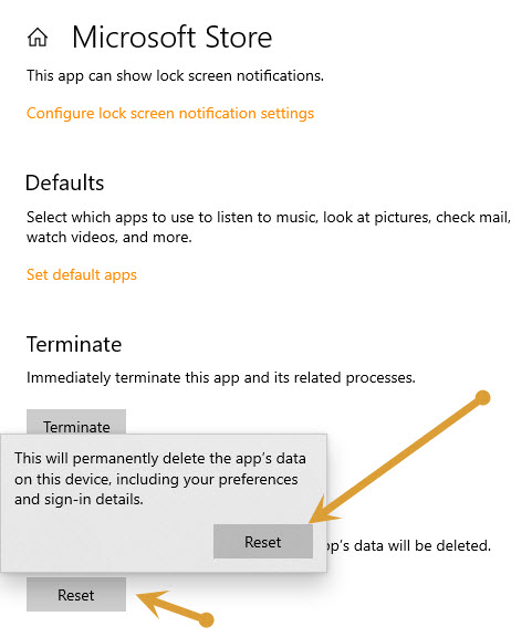 Microsoft store reset option