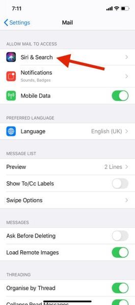 Siri ad Search in settings