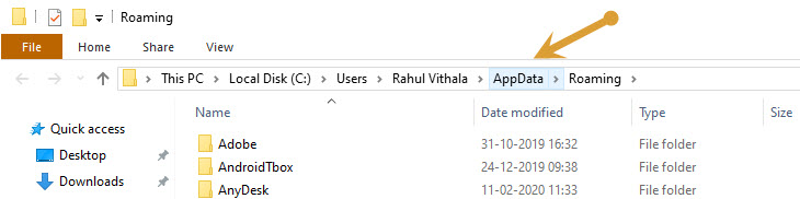 appdata in windows address bar