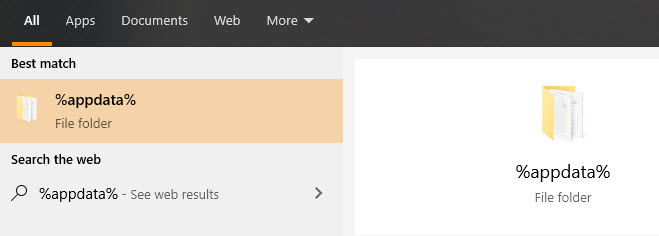 appdata search in start menu