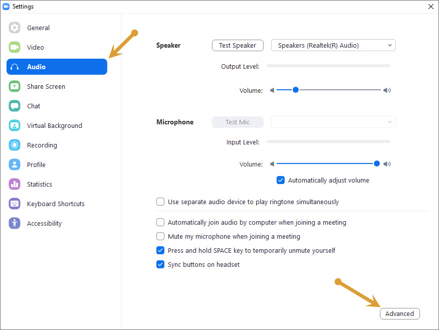 Advanced audio options in Zoom