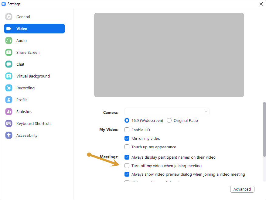 Disabling Turn off my video when joining a meeting option in Zoom