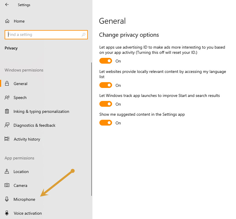 Microphone options in Windows settings