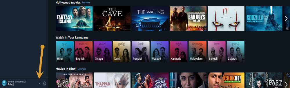Profile icon at the bottom left corner of the Prime Video
