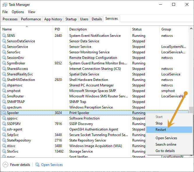Restarting spooler service in Task Manager